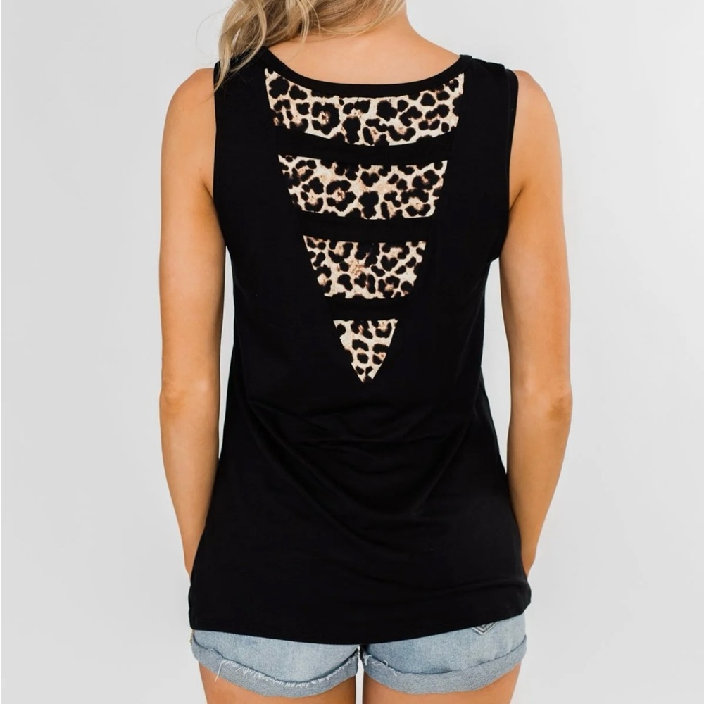 Black Leopard Print Peekaboo Back Tank Top L - Picture 11 of 11